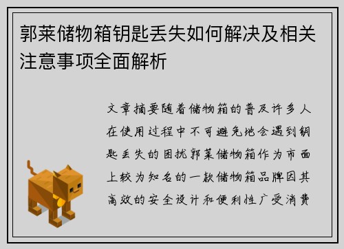 郭莱储物箱钥匙丢失如何解决及相关注意事项全面解析